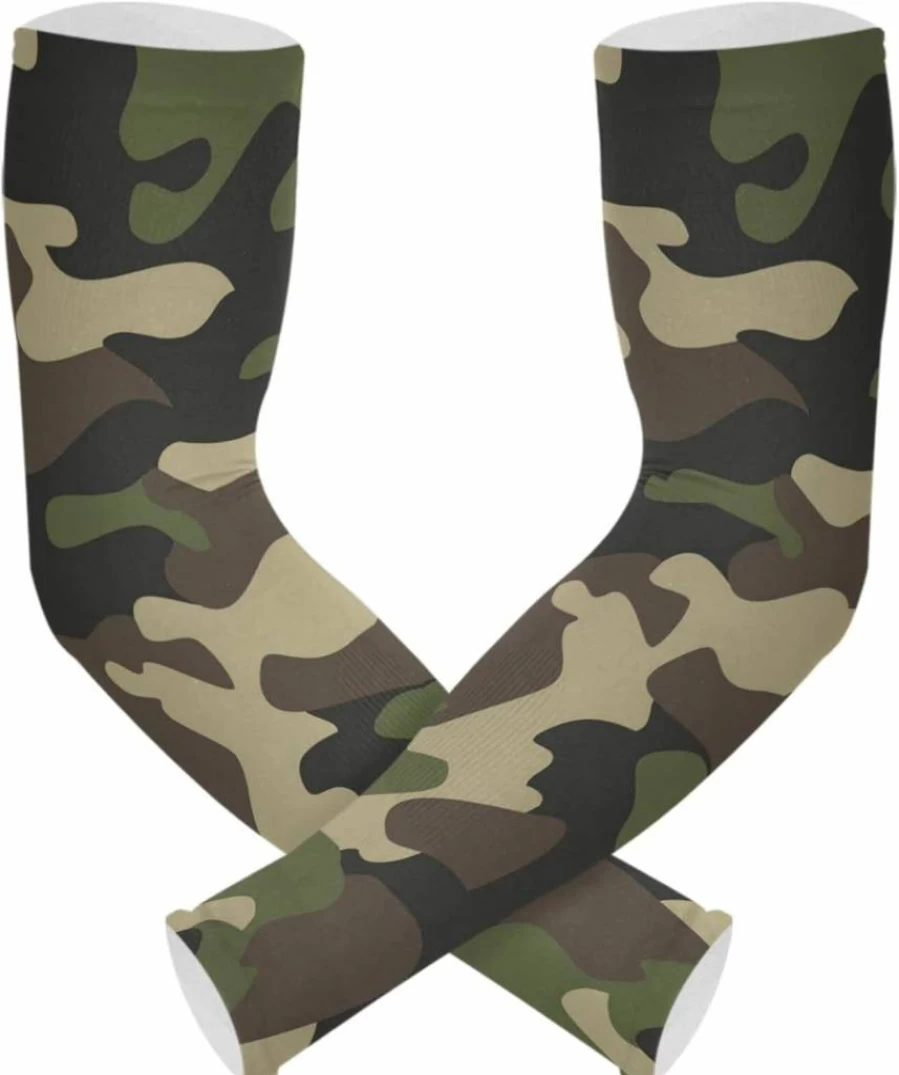 Pfrewn Camouflage Green Sun Protection Arm Sleeves with Thumb Hole - Cooling Compression Gardening Sleeves for Men & Women, 1 Pair