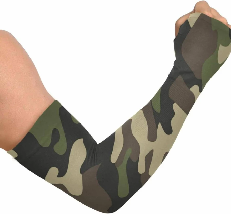 Pfrewn Camouflage Green Sun Protection Arm Sleeves with Thumb Hole - Cooling Compression Gardening Sleeves for Men & Women, 1 Pair
