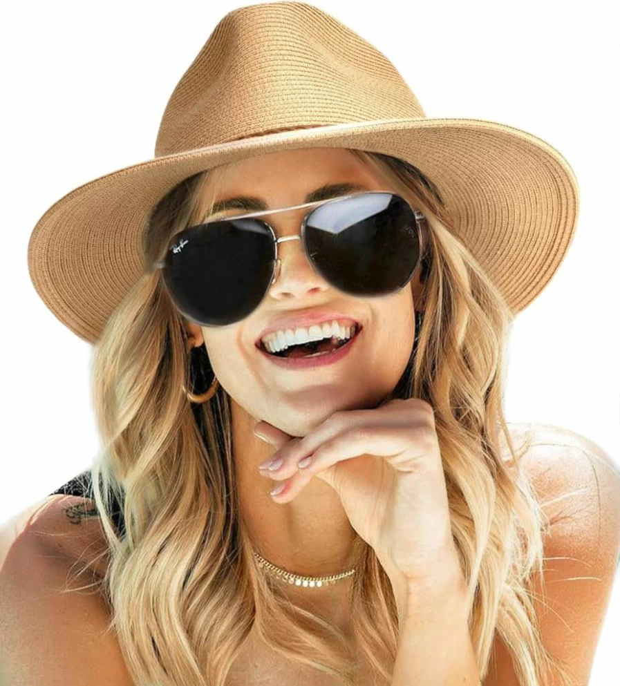 FURTALK Women's Summer Wide Brim UPF 80+ Straw Sun Hat - Foldable Packable Panama Fedora for Beach & Outdoor