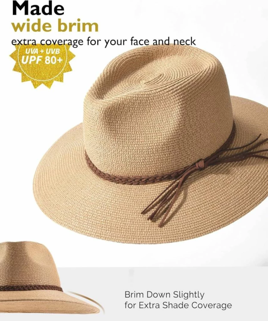 FURTALK Women's Summer Wide Brim UPF 80+ Straw Sun Hat - Foldable Packable Panama Fedora for Beach & Outdoor