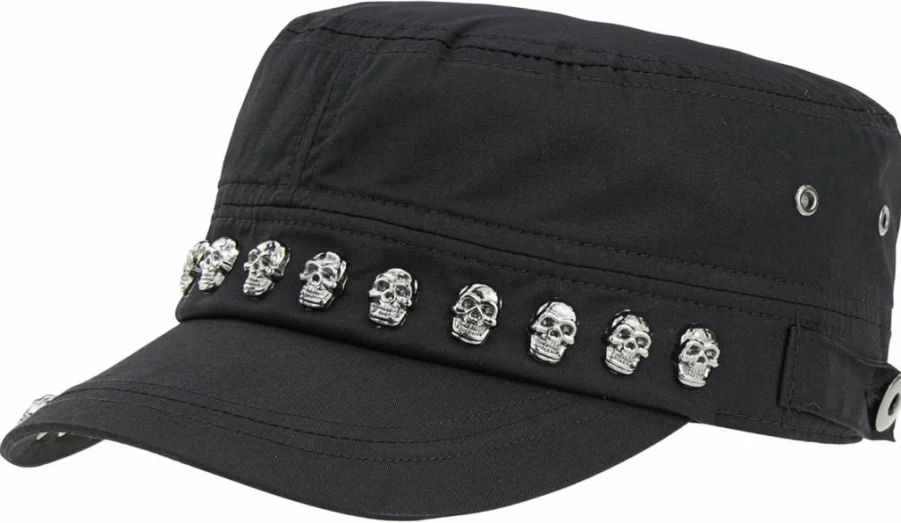 Pogah Unisex Punk Style Skull Studded Flat Cap - Skeleton Army Hat for Men & Women (Size S-M)