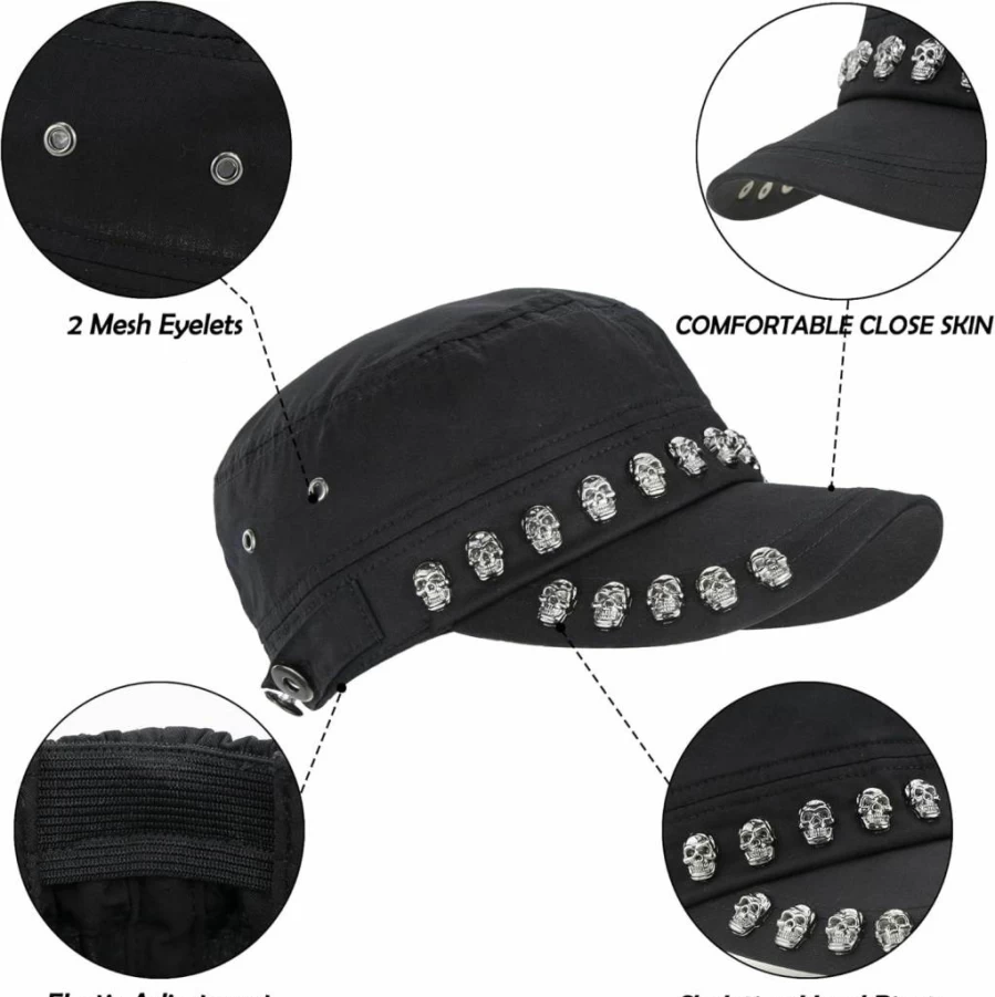 Pogah Unisex Punk Style Skull Studded Flat Cap - Skeleton Army Hat for Men & Women (Size S-M)