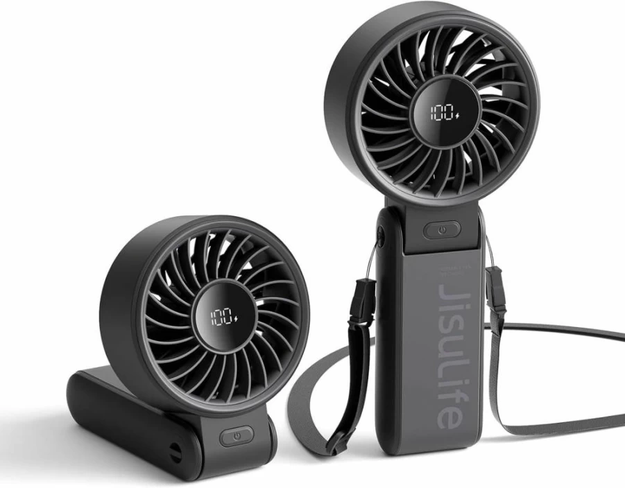 JISULIFE Portable Handheld Fan - 5000mAh Rechargeable, 5-Speed Adjustable, 19.5H Runtime, Foldable 3-in-1 Design, LED Display, for Travel, Cruise, Beach (Black)