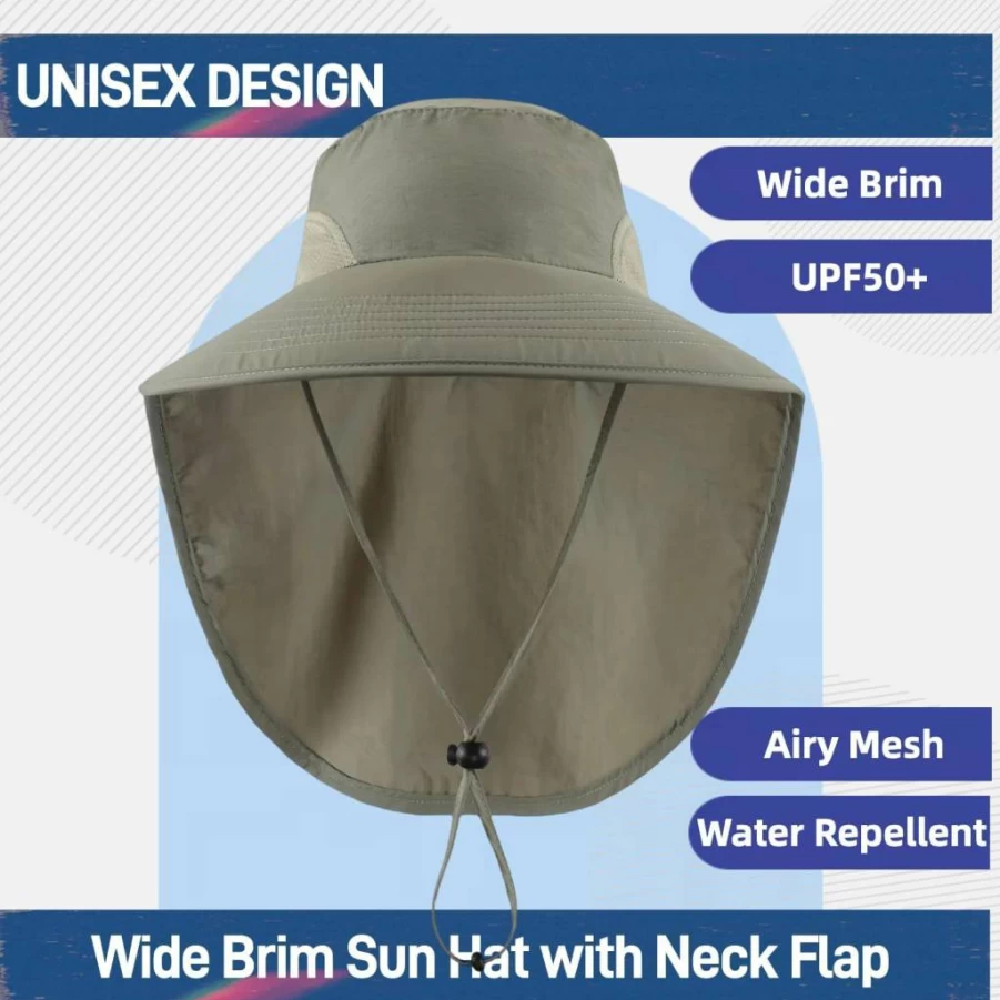 Home Prefer UPF50+ Wide Brim Sun Hat with Mesh Panels & Neck Flap for Outdoor Fishing & Hiking