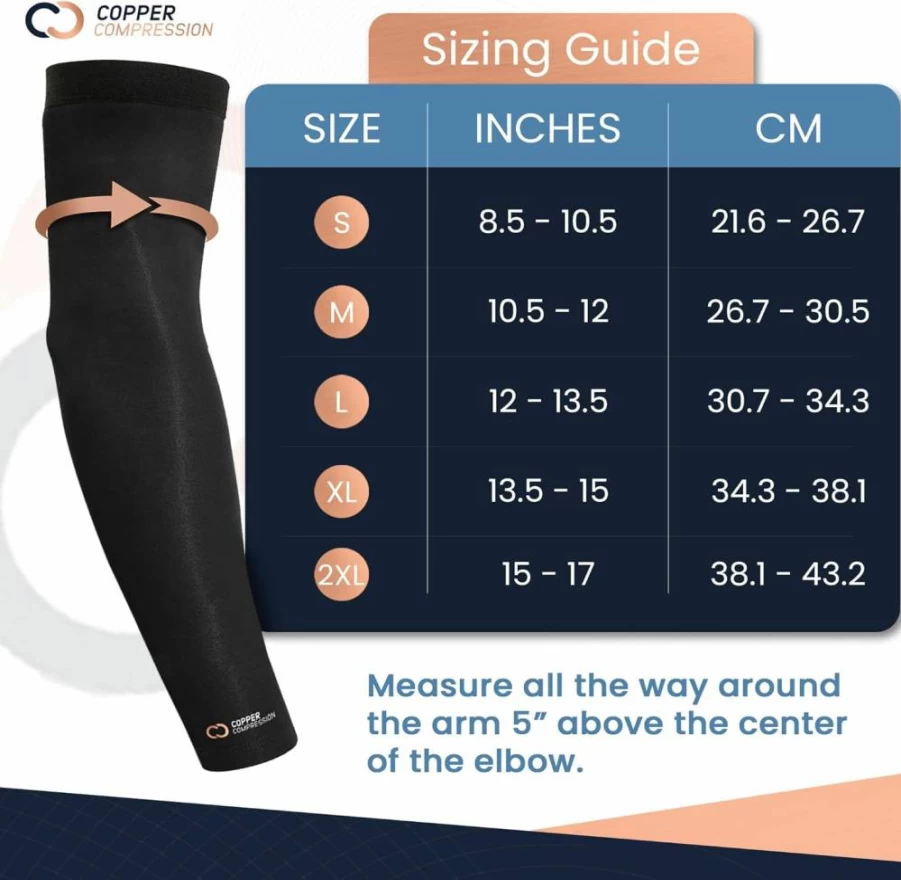 Copper Compression Arm Sleeve - Copper Infused Support for Forearm, Elbow & Bicep - Relief for Tennis Elbow, Golf, Arthritis & Tendonitis - Post-Surgery Recovery - Black - Large