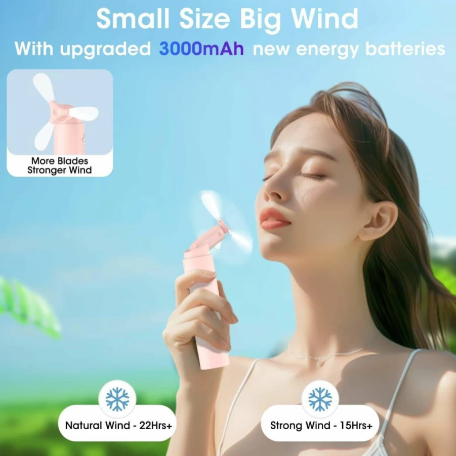 OLV Mini Handheld Fan Portable Rechargeable 3000mAh USB Battery Operated 22+ Hours Runtime Foldable Pocket Personal Cooling Fan for Women Men Office Travel Outdoor Gifts - Black