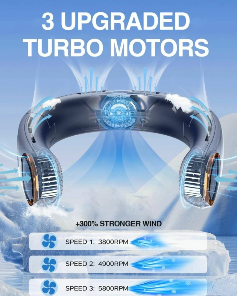 TUNISE Neck Fan with 5200mAh Battery, 3-Speed Bladeless Personal Cooling Fan, Adjustable 360° Airflow, Ultra-Quiet Portable Fan with Real-Time Power Display, Blue