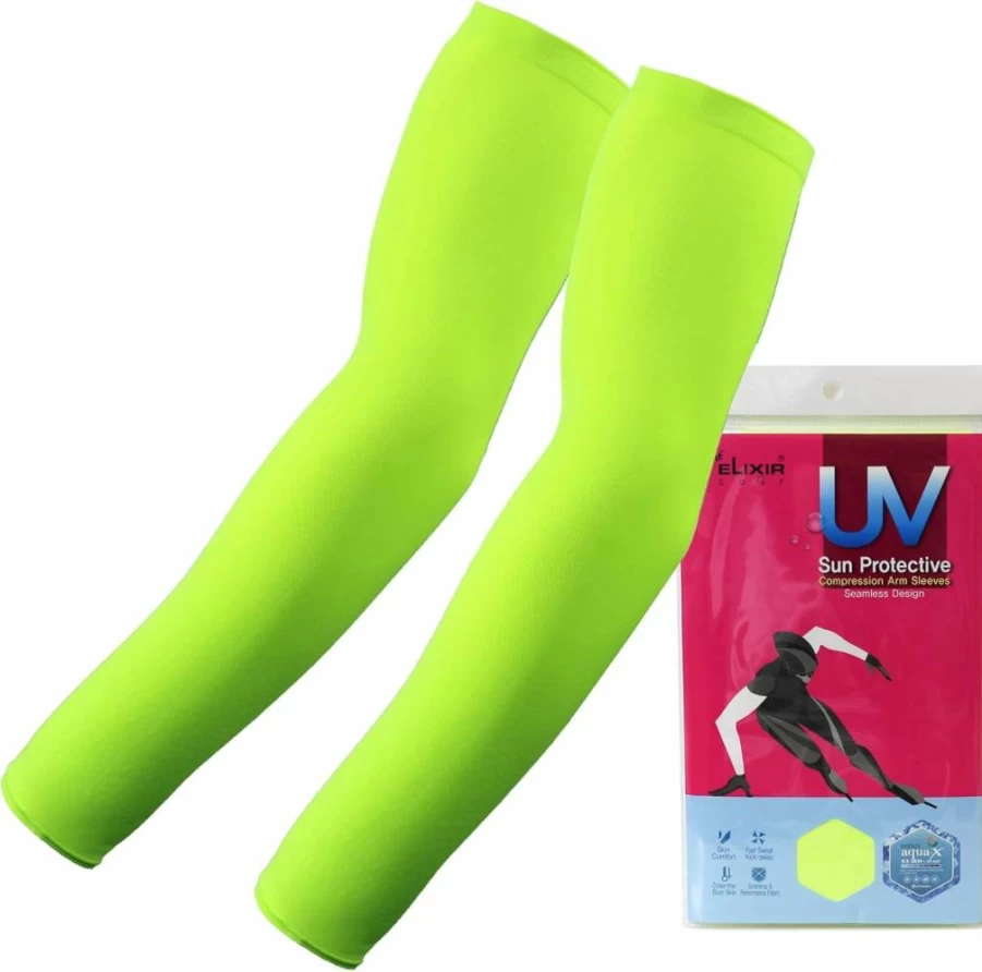 Elixir Golf UV Protection Arm Cooling Sleeves - 1 Pair Compression Sun Sleeves for Men & Women, Neon Green, Breathable & Moisture-Wicking