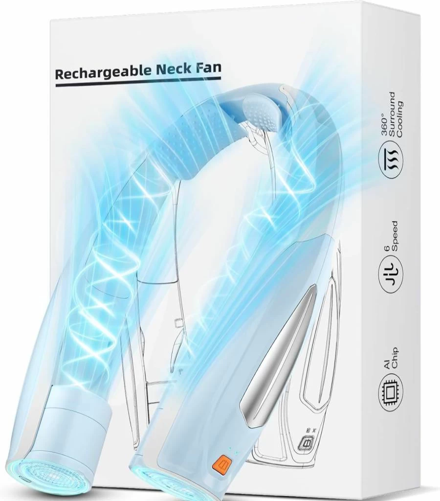 Hionly AI Neck Fan - 6-Speed Adjustable, 6000mAh Rechargeable, Ultra-Quiet Wearable Fan for Home, Office, Travel & Outdoor Cooling