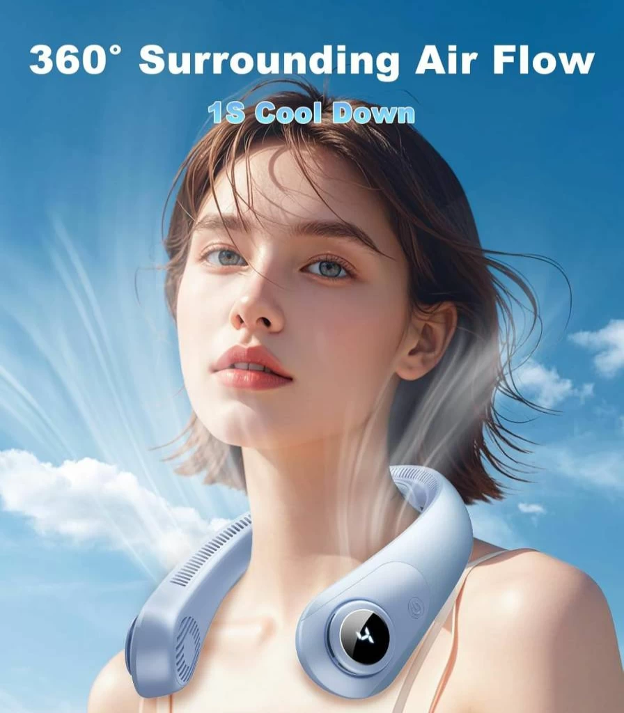 BEYYON Portable Neck Fan with LED Display - Hands-Free Bladeless Cooling Fan, 5 Speed Settings, Rechargeable Battery, Lightweight for Travel, Camping, Office, Gift for Men and Women