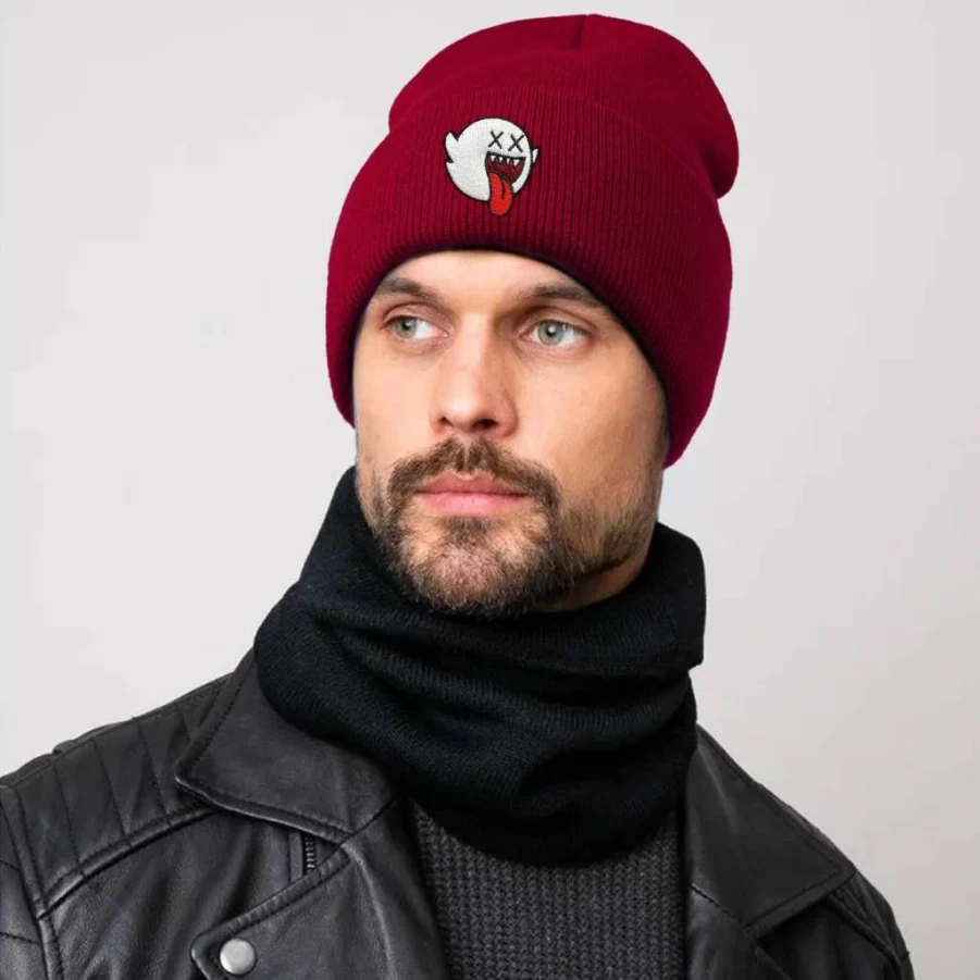 SHUNLCD Spooky Ghost Knit Beanie for Men & Women - Gothic Winter Hat, Emo Christmas Gift, Cool Unisex Skull Cap