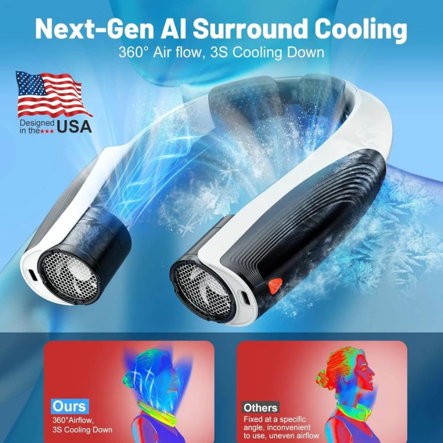 Silentspin 8000mAh USB-C Rechargeable Neck Fan - 6 Speed Hands-Free 360° Cooling, Ultra-Quiet Portable Personal Fan for Office, Travel, Men & Women (Black)