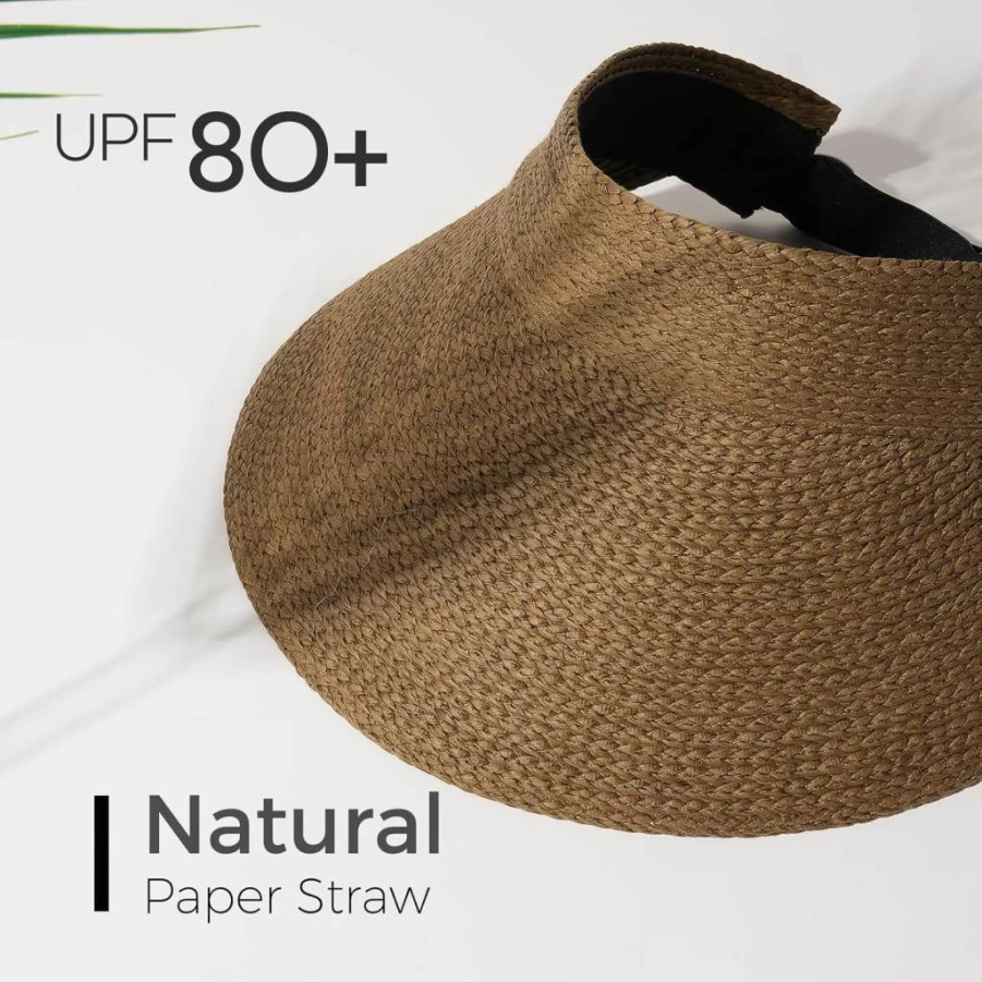 FURTALK Women's Wide Brim Straw Sun Visor Hat - Foldable Packable Ponytail Beach Hat for Summer Outdoor Activities
