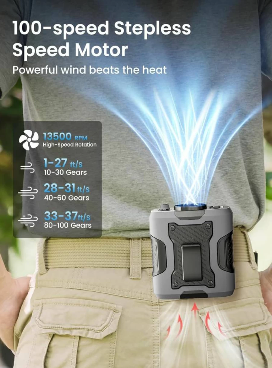 Koonie Wearable Belt Fan - Portable Clip-On Fan with Adjustable Speed, Rechargeable Battery for Outdoor, Jobsite, and Farm Use