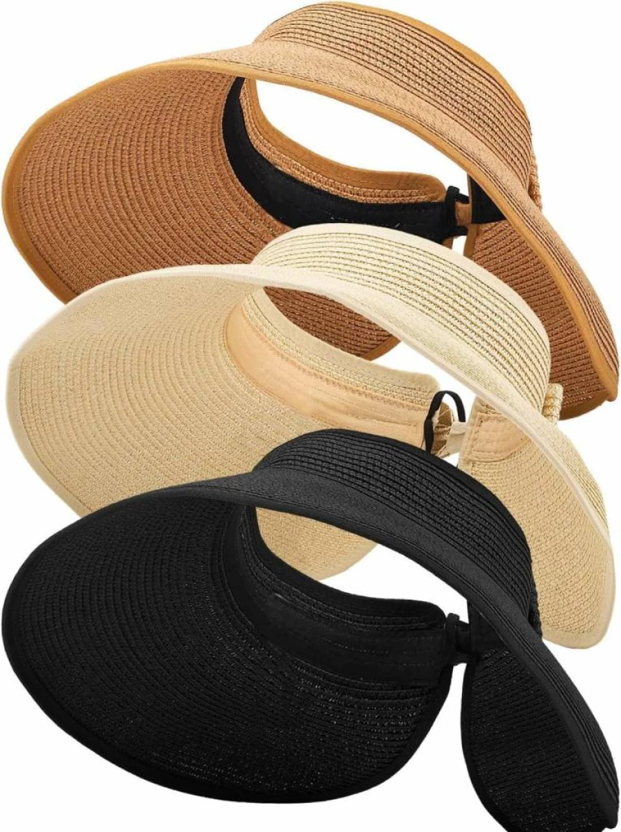 MEINICY 3Pcs Foldable Wide Brim Sun Hat for Women - UPF 50+ Summer Beach Visor with Ponytail Hole, Portable Straw Hat for UV Protection