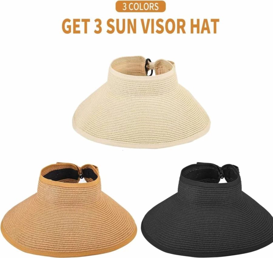 MEINICY 3Pcs Foldable Wide Brim Sun Hat for Women - UPF 50+ Summer Beach Visor with Ponytail Hole, Portable Straw Hat for UV Protection