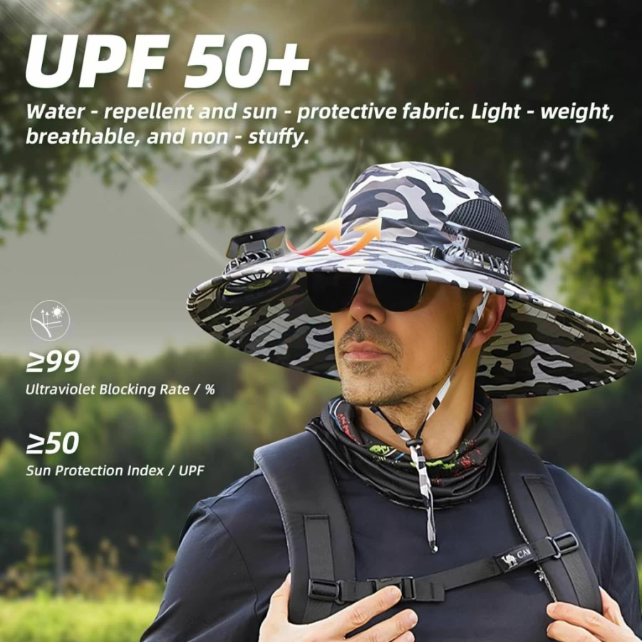 PRYZALO Solar Fan Hat for Men & Women - Wide Brim Sun Hat with Built-In Solar Powered Fan for Fishing, Gardening, Outdoor Activities