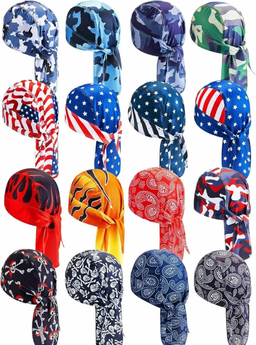 JaGely 16 Pack Cooling Doo Rags for Men & Women - Moisture Wicking Skull Caps, Bandanas for Cycling, Sports, Multicolor Headwear