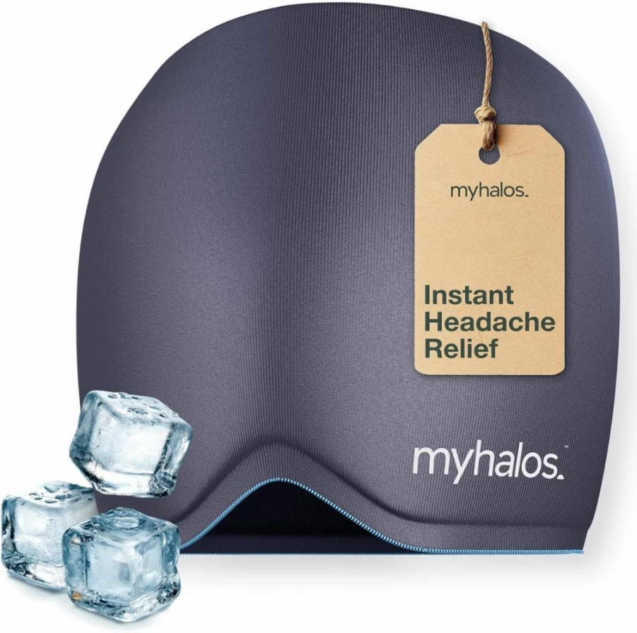 Myhalos Migraine Relief Ice Hat with Extra Cooling Gel, Form-Fitting Head Wrap for Tension & Headache Relief, Stays Cold Longer (Gray)