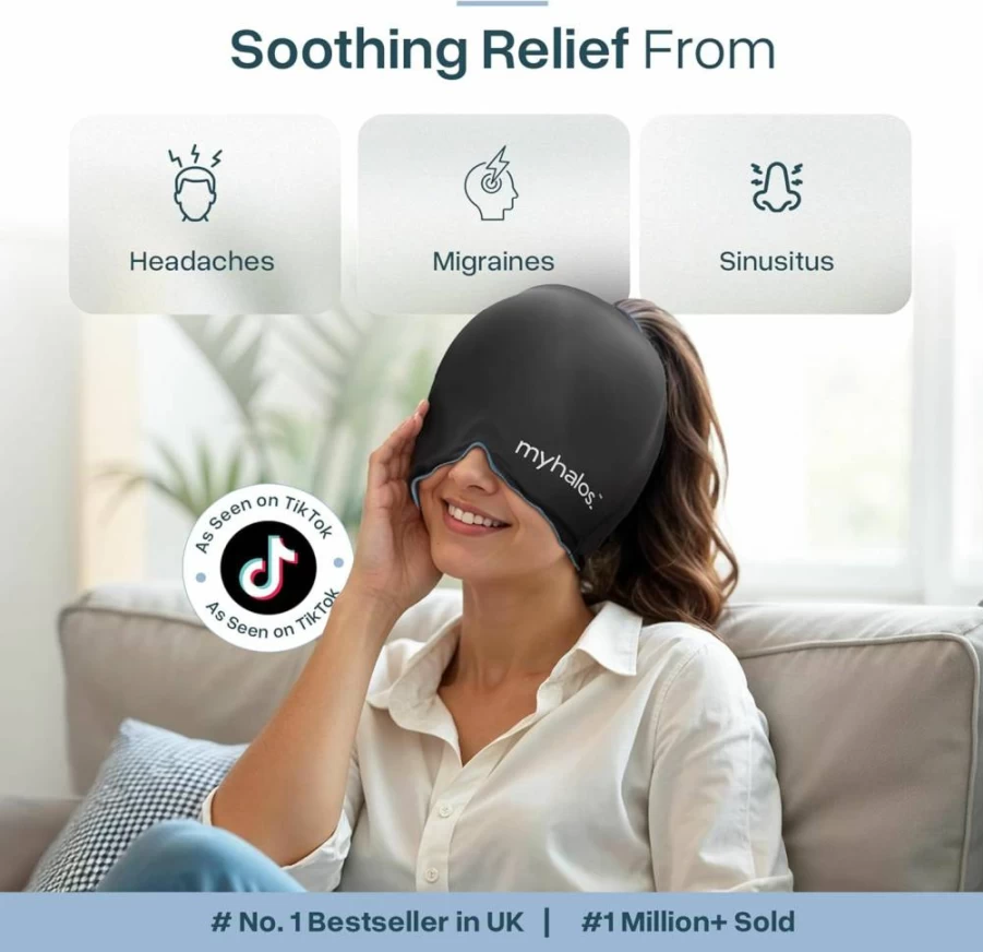 Myhalos Migraine Relief Ice Hat with Extra Cooling Gel, Form-Fitting Head Wrap for Tension & Headache Relief, Stays Cold Longer (Gray)
