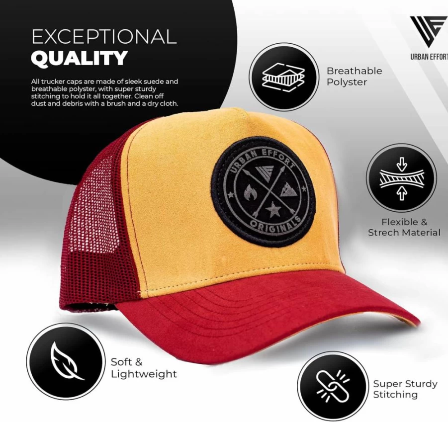 Urban Effort Men's & Women's Mesh Back Trucker Hat - Breathable 5-Panel Baseball Cap for Hunting, Hiking, Outdoor Activities - Adjustable Snapback Closure