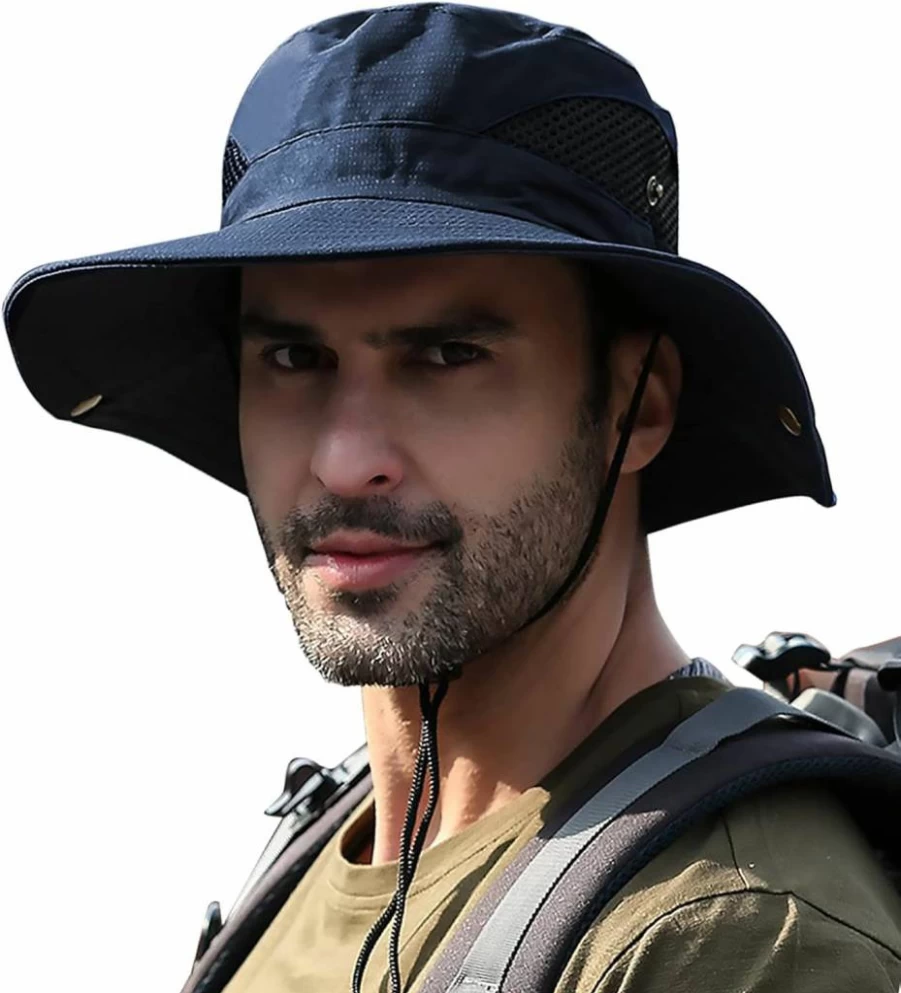 Muryobao UPF50+ Men's Sun Hat Wide Brim Breathable Mesh Safari Bucket Cap Foldable Waterproof Boonie Fishing Hat for Outdoor
