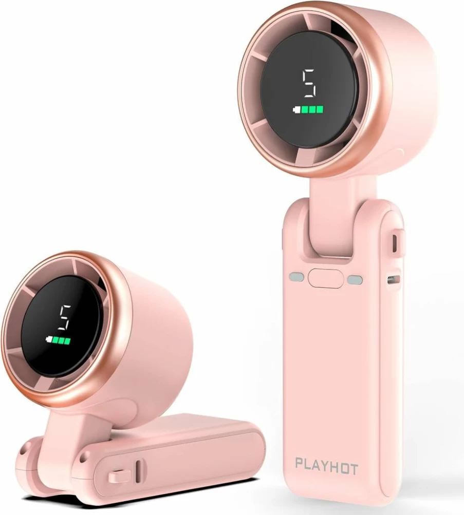 PlayHot Portable Handheld Turbo Fan - 5-Speed 5000mAh Rechargeable Personal Fan, 12H Runtime, 0.6Lb Lightweight, 3-in-1 Hand/Neck/Desk Use, Beach Travel Essentials (Pink)