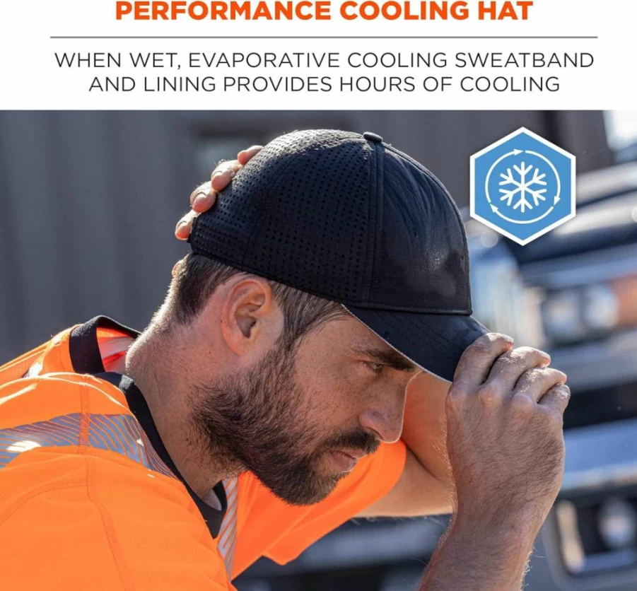 Ergodyne Cooling Baseball Cap - Breathable Performance Hat for Men & Women, UV Protection, Moisture Wicking, Adjustable Black Sun Hat for Outdoor Sports