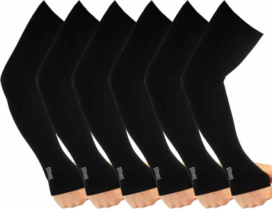 QUhang 6 Pairs Arm Compression Sleeves for Women & Men - UPF50+ UV Protection, Cooling Sun Sleeves with Thumb Hole, Breathable Black Tattoo Cover for Outdoor Sports