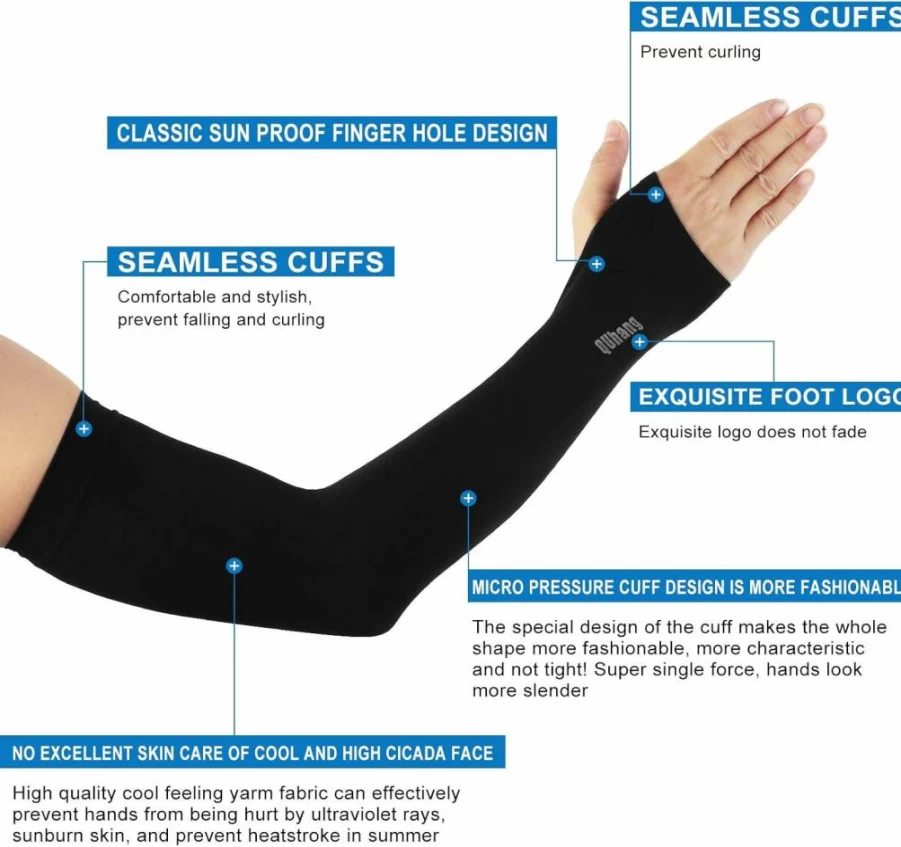 QUhang 6 Pairs Arm Compression Sleeves for Women & Men - UPF50+ UV Protection, Cooling Sun Sleeves with Thumb Hole, Breathable Black Tattoo Cover for Outdoor Sports