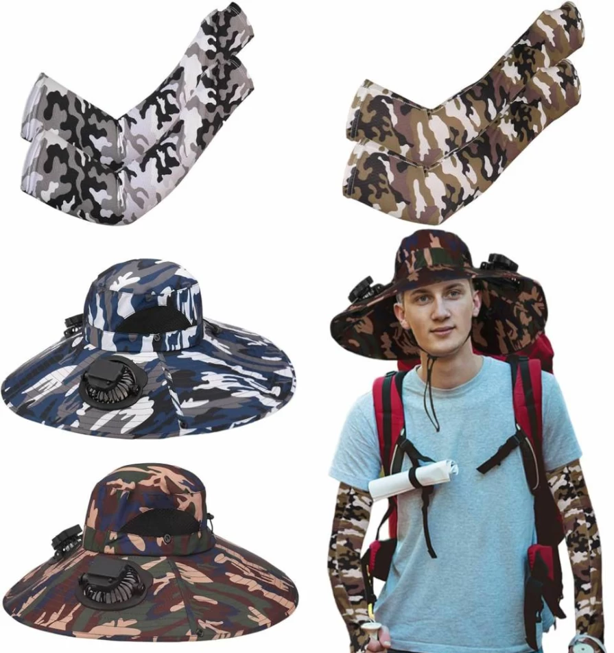 2 Pcs Uyakhom USB Charging Cooling Fan Hats & UV Sun Protection Arm Sleeves Set - Wide Brim Breathable Bucket Hat for Men Women, Outdoor Fishing Camping Gear