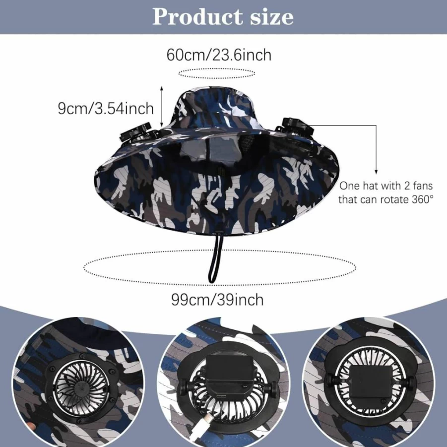2 Pcs Uyakhom USB Charging Cooling Fan Hats & UV Sun Protection Arm Sleeves Set - Wide Brim Breathable Bucket Hat for Men Women, Outdoor Fishing Camping Gear