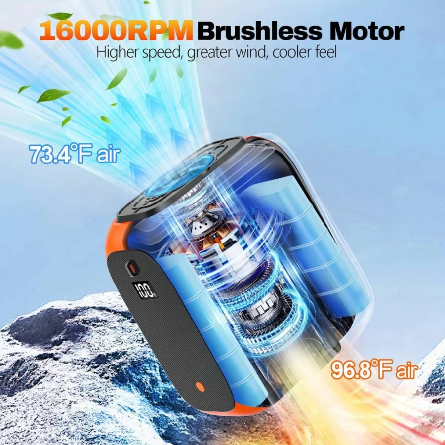 Awonoso 16000RPM Wearable Belt Fan, 14000mAh Rechargeable Battery, 24H Runtime, 3-Speed Portable Neck Fan for Outdoor, Worksite, Office (Orange)