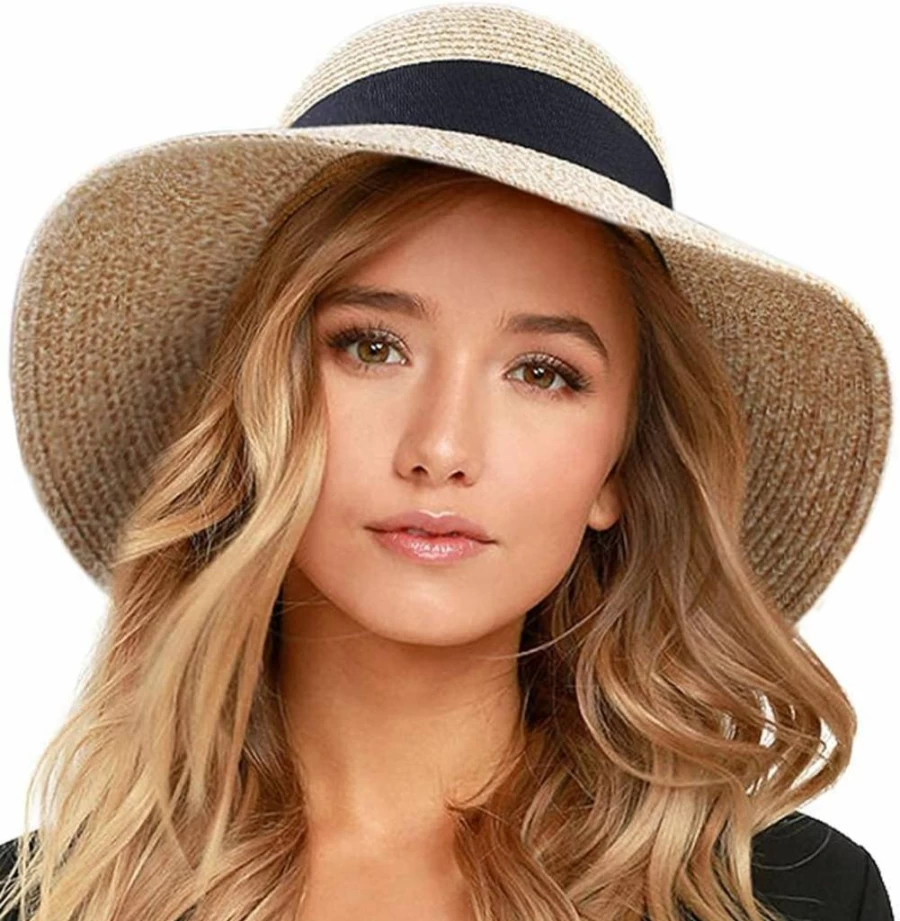 FURTALK Women's Wide Brim Straw Sun Hat UPF 80+ Foldable Beach Hat for Summer Travel UV Protection