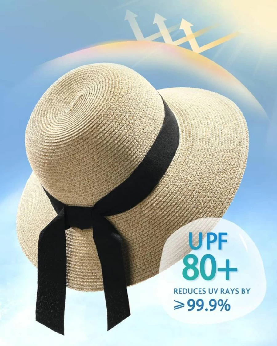 FURTALK Women's Wide Brim Straw Sun Hat UPF 80+ Foldable Beach Hat for Summer Travel UV Protection