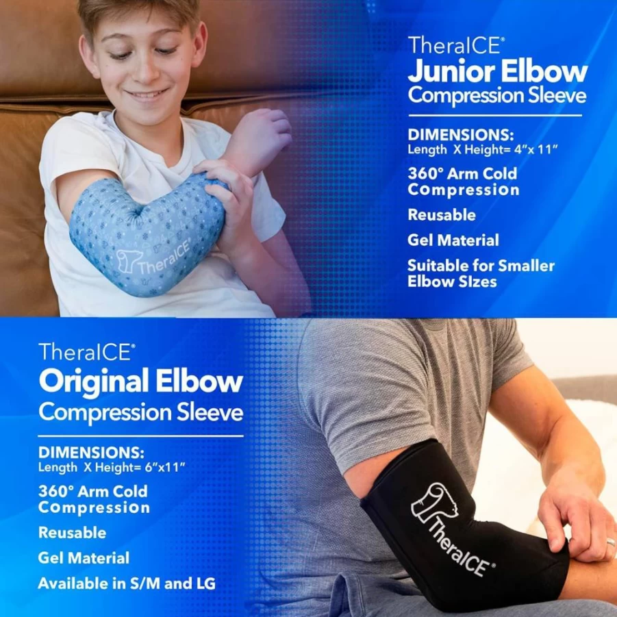 TheraICE Reusable Cold Compression Sleeve for Elbow Pain Relief, Tennis Elbow, Tendinitis & Muscle Injuries - Adjustable Gel Ice Pack Wrap for Shin Splints, Calf Strain & Joint Recovery
