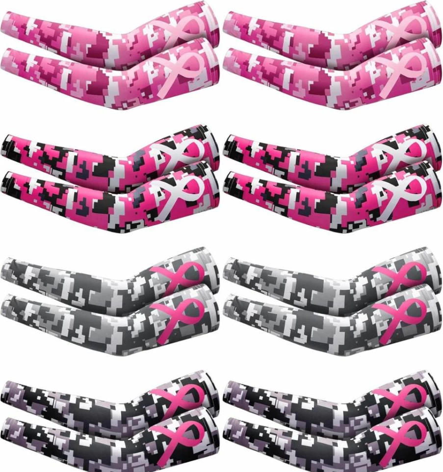Geyoga Pink Ribbon Breast Cancer Awareness Arm Sleeves - 8 Pair Cooling Compression Arm Covers for Women, Baseball UV Protection Sleeves