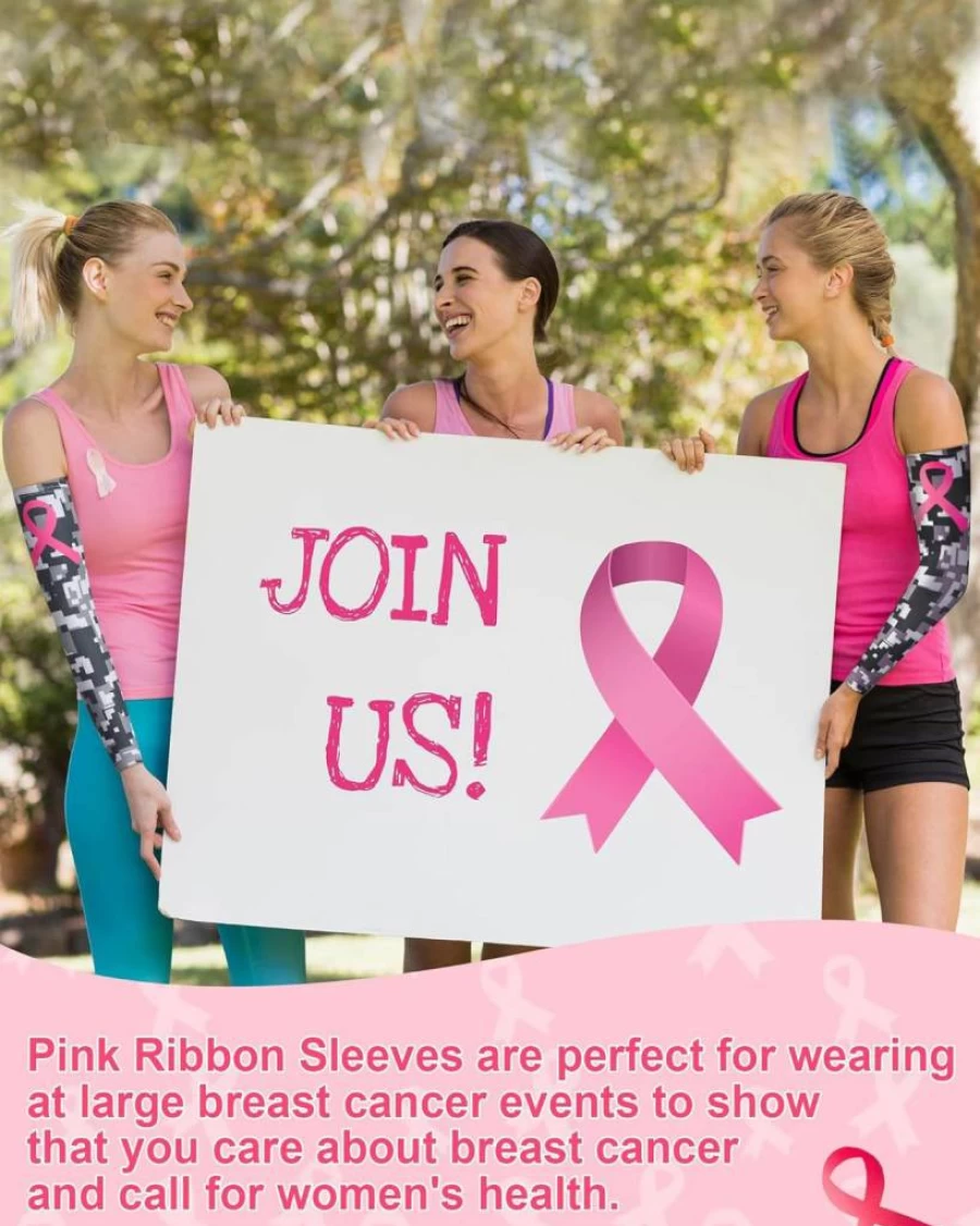 Geyoga Pink Ribbon Breast Cancer Awareness Arm Sleeves - 8 Pair Cooling Compression Arm Covers for Women, Baseball UV Protection Sleeves