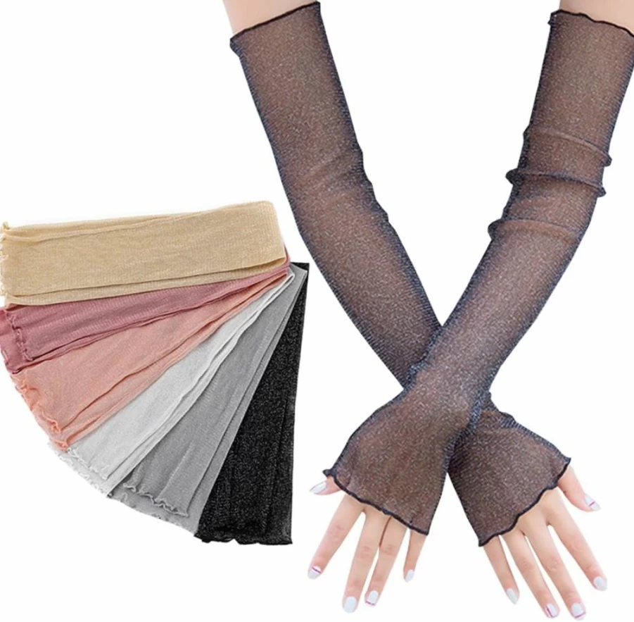 LZZOO Women's UV Protection Arm Sleeves - 6 Pairs Fingerless Cooling Mesh Gloves for Sun Protection, Outdoor Sports & Party Activities - Breathable Lace Tulle Design