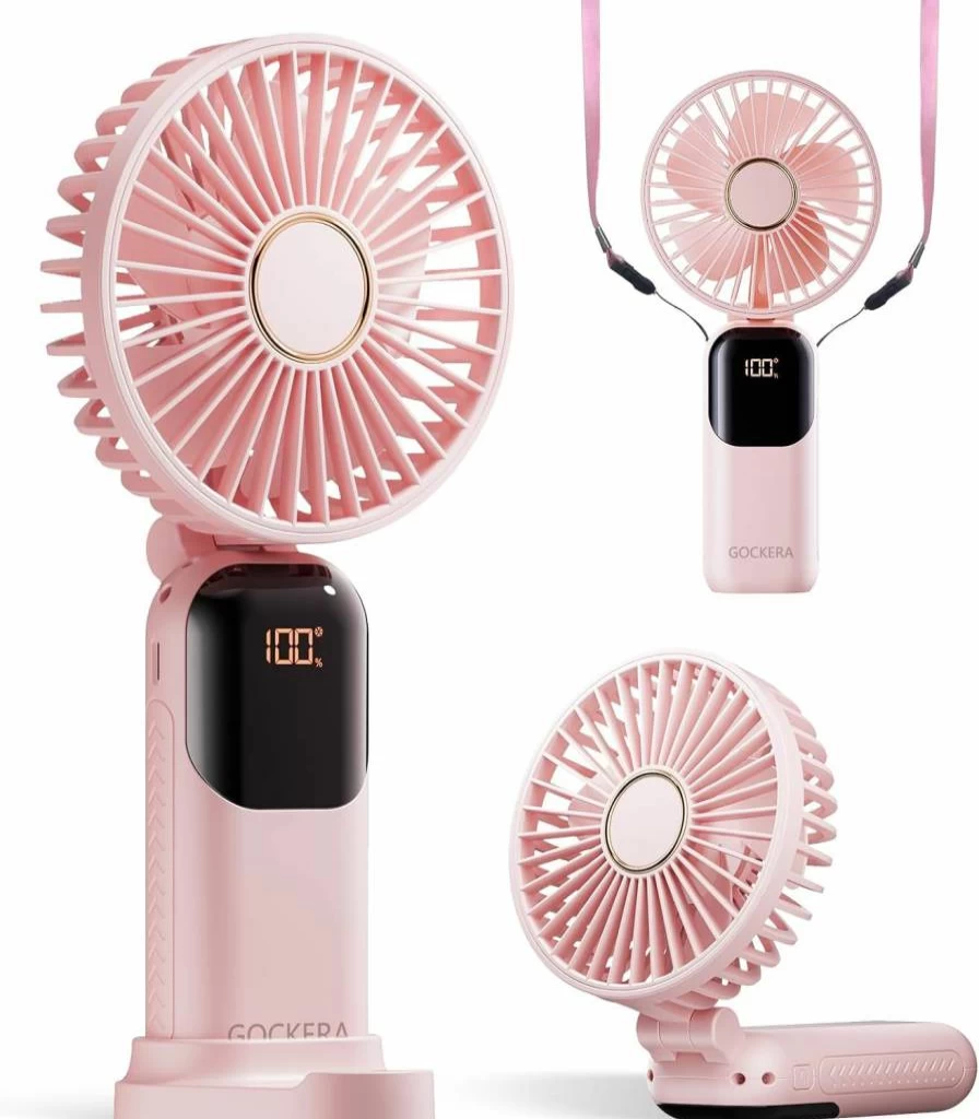 GOCKERA Portable Fan 4200mAh Rechargeable - 3-in-1 Handheld, Neck & Desk Fan with 5 Speed Settings, Digital Display, Ultra Quiet, Foldable Design for Indoor Outdoor Use (Pink)