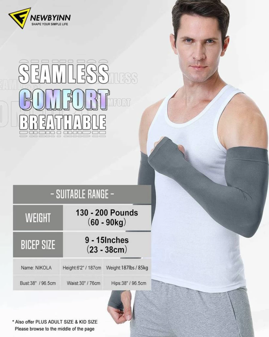 Newbyinn UV Protection Arm Sleeves with Thumb Hole for Men & Women - Cooling Sun Sleeves for Tattoo Cover & Outdoor Sports - Mid-Compression Athletic Sleeves