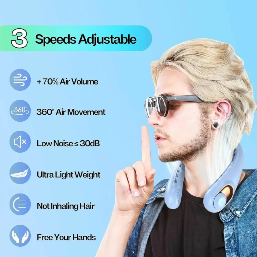 KIDEE Bladeless Neck Fan - 360° Cooling, Ultra-Quiet 3-Speed Wearable Fan, USB Rechargeable 4000mAh Battery, Hands-Free Portable Fan for Home/Office/Travel