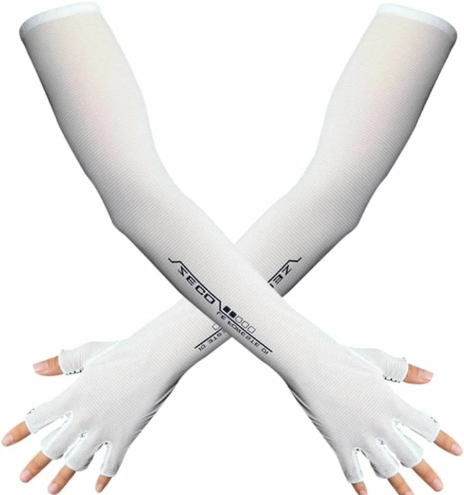Locatis UV Protection Arm Sleeves for Men & Women - Cooling Sun Compression Gloves for Cycling, Running, Outdoor Sports - Fingerless Breathable White Arm Covers (One Size)