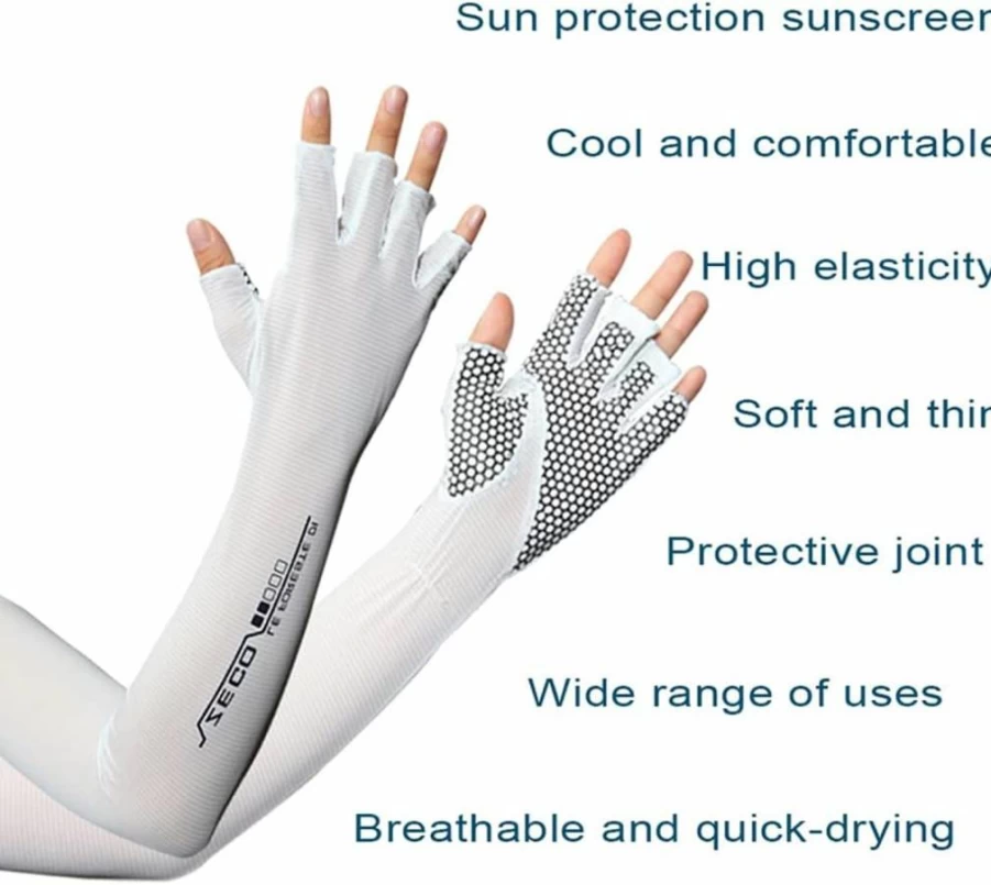Locatis UV Protection Arm Sleeves for Men & Women - Cooling Sun Compression Gloves for Cycling, Running, Outdoor Sports - Fingerless Breathable White Arm Covers (One Size)