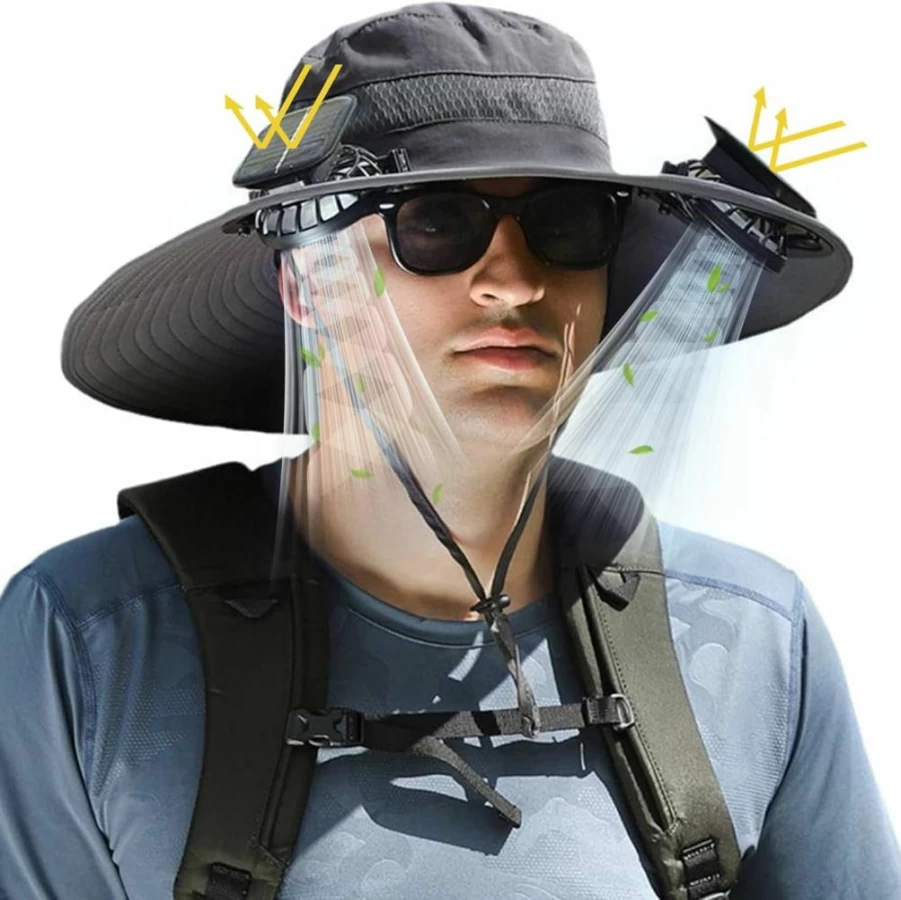 YAKINI Solar Powered Wide Brim Hat with USB Fan for Men - UPF 50+ Sun Protection Outdoor Fishing Hat, Grey Sombrero con Ventilador Solar