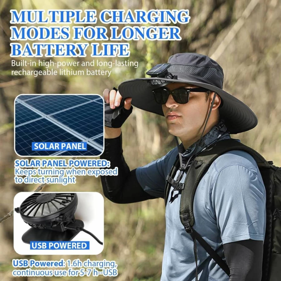 YAKINI Solar Powered Wide Brim Hat with USB Fan for Men - UPF 50+ Sun Protection Outdoor Fishing Hat, Grey Sombrero con Ventilador Solar