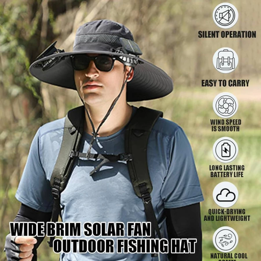 Sprstar Solar Fan Hat for Outdoor Fishing - Wide Brim Sun Hat with 3-Speed Adjustable Solar Powered Fans, UV Protection & Cooling Summer Gear