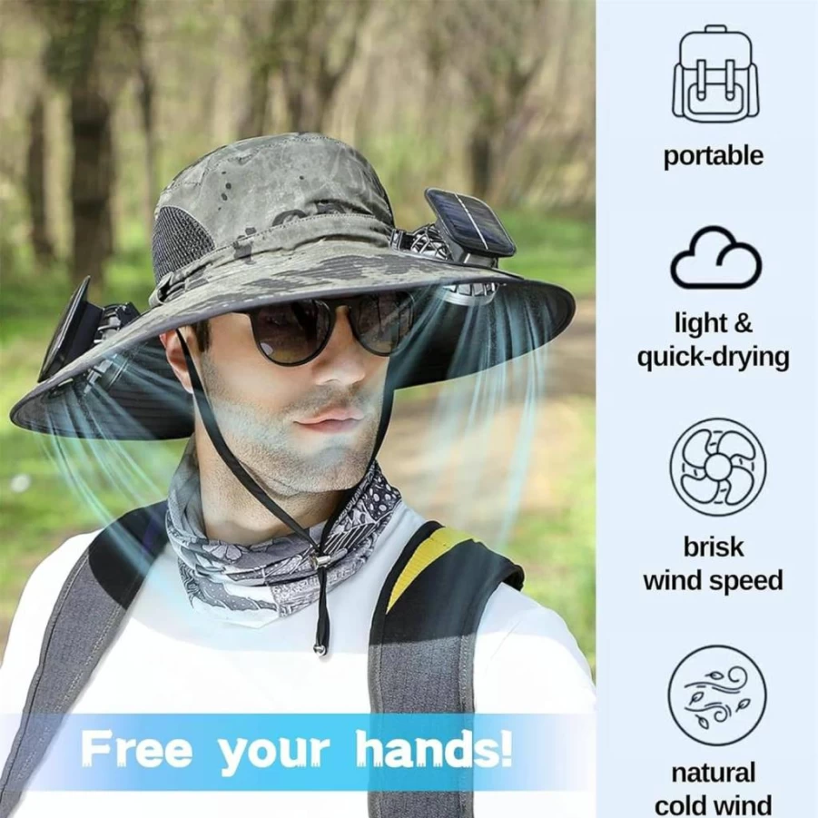 ATMEET Unisex Wide Brim Solar Fan Bucket Hat - Waterproof & Breathable Sun Hat for Outdoor Activities, Fishing, Hiking, Camping