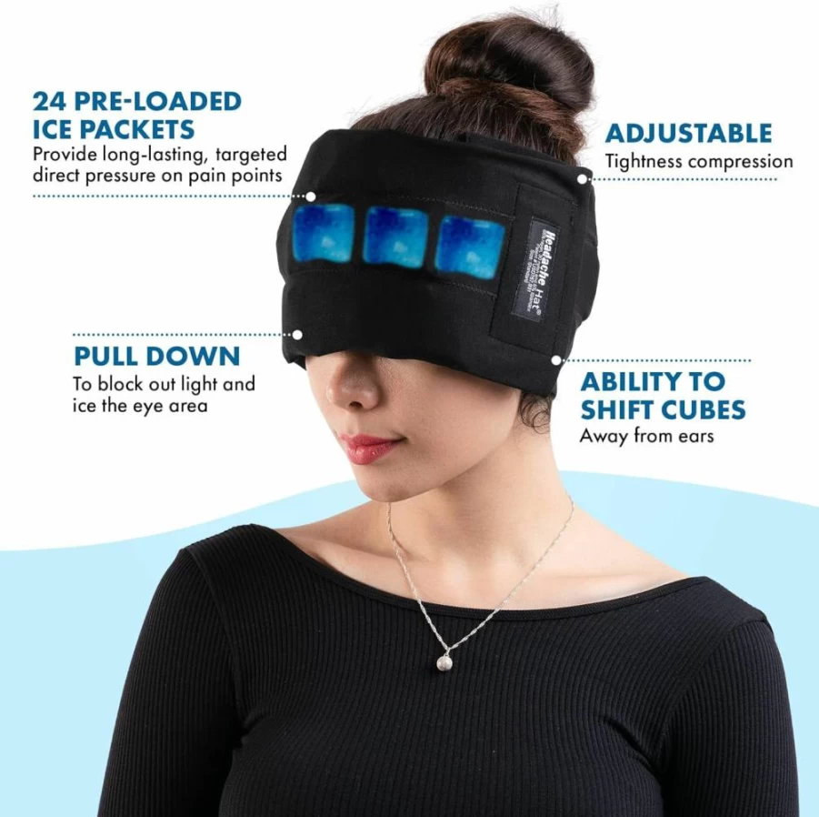 Headache Hat Halo - Migraine & Stress Relief Cooling Cap with Ice Pack, Cold Compress Wrap for Tension, Hangover, Natural Therapy, Long-Lasting Comfort