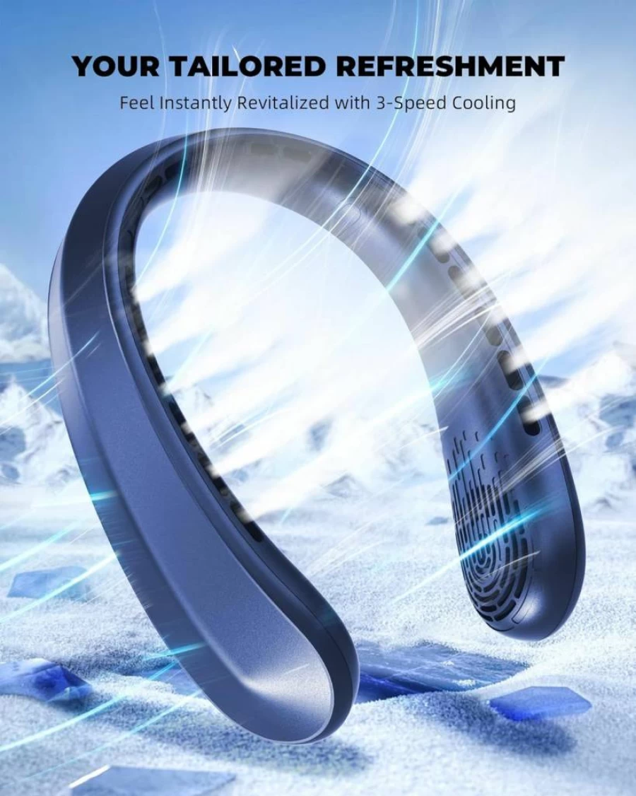 Frsara Rechargeable Neck Fan with LED Display, 4000mAh USB Type-C Battery, 3 Speed Quiet Portable Personal Fan for Men and Women, Travel, Outdoor, Blue